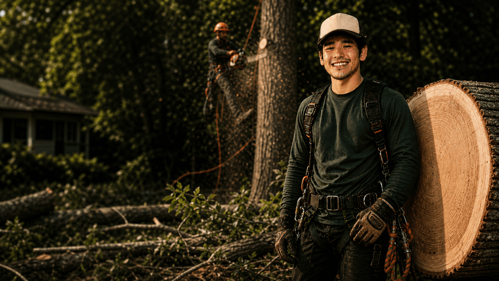 Professional arborist standing near a freshly cut tree